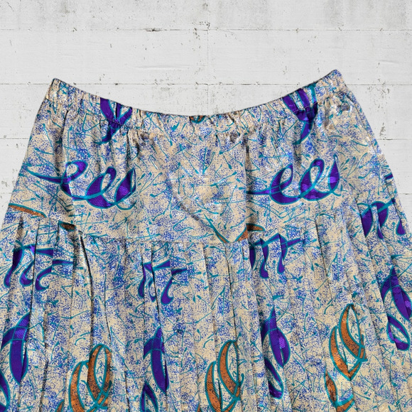 70s Vintage Cream Blue Metallic Abstract USA Made Blouse Midi Skirt Set Size 14 - Picture 10 of 13